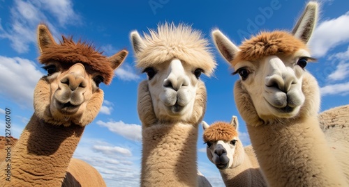 A gathering of llamas standing closely together in a field, showcasing their distinct features and social behavior.