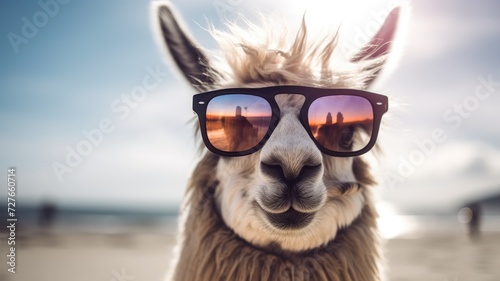 A llama, wearing sunglasses, stands on the beach with the ocean and sand in the background.