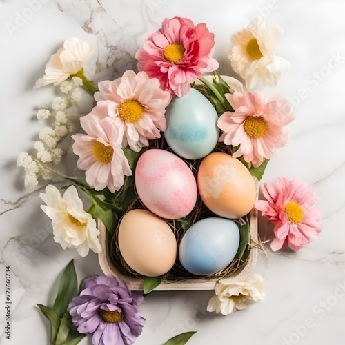Easter holiday banner with colorful eggs and sping flowers  