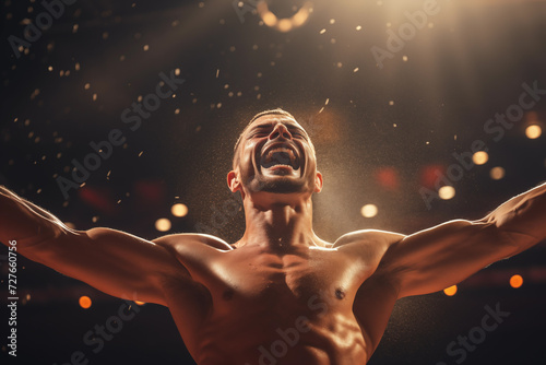 Emotional scene with a victorious exited fighter celebrating after a win on ring. Generative AI