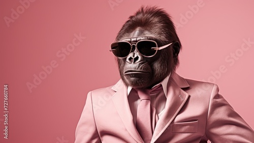 A monkey dressed in a suit and wearing sunglasses stands upright, displaying a humorous and unique sight. © pham
