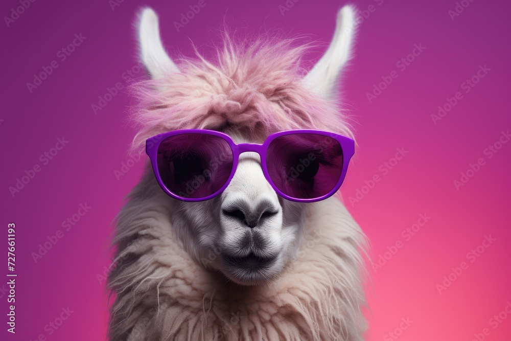 A llama stands on a pink background while wearing purple sunglasses.