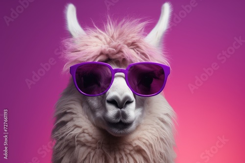 A llama stands on a pink background while wearing purple sunglasses. © pham