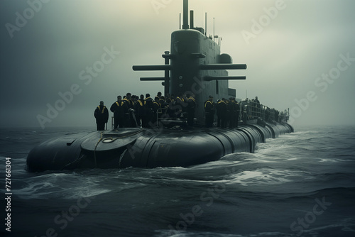 Submarine surfacing with crew visible on the deck. Generative AI photo