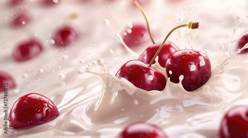 Fresh cherry berries with milk splashes. Milkshake or smoothie healthy food background