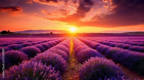 A beautiful landscape with a lavender field at sunset. Blooming purple lavender flowers in the sunlight. Nature background with copy space.
