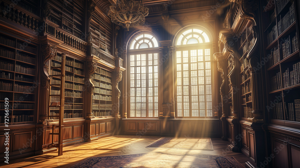 Sunlight streams through a library window, illuminating rows of bookshelves