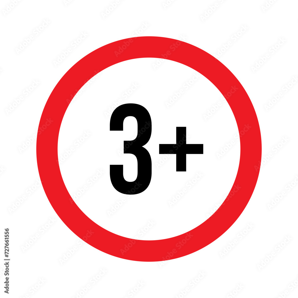 Age restriction for 3 plus vector illustration. Child under 3 not allowed sign, number three in red line isolated circle badge for age limit of forbidden restricted social media content, movie Age restriction for 3 plus vector illustration. Child under 3 not allowed sign, number three in red line isolated circle badge for age limit of forbidden restricted social media content, movie