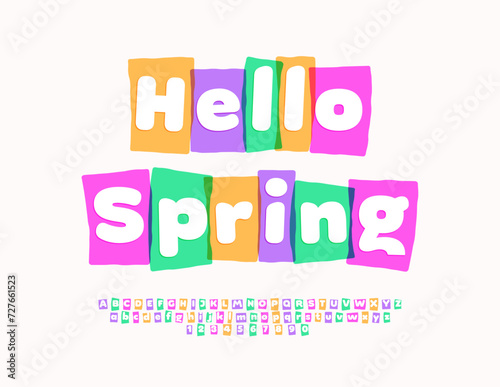 Vector funny Emblem Hello Spring. Playful bright Font. Modern Alphabet Letters and Numbers.