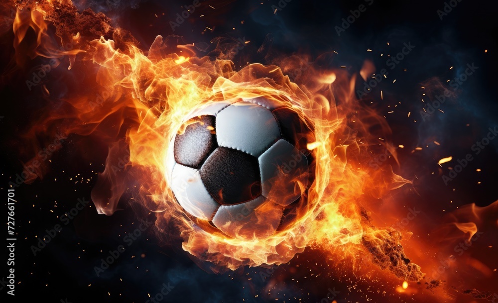 Fototapeta premium A soccer ball is situated in the midst of a raging fire, emanating intense heat and glowing flames.