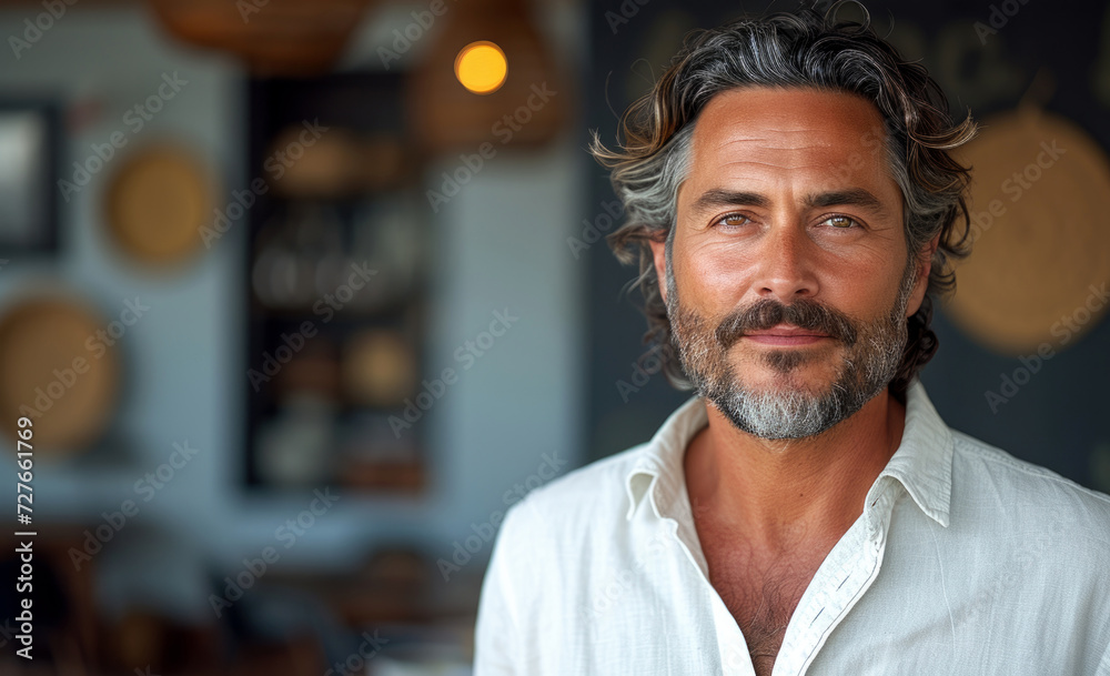 Smiling man with salt-and-pepper beard stands in a cozy cafe with natural light, showcasing a relaxed atmosphere and stylish decor Smiling man with salt-and-pepper beard stands in a cozy cafe with natural light, showcasing a relaxed atmosphere and stylish decor