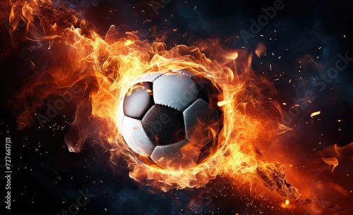 A soccer ball is situated in the midst of a raging fire, emanating intense heat and glowing flames. © pham
