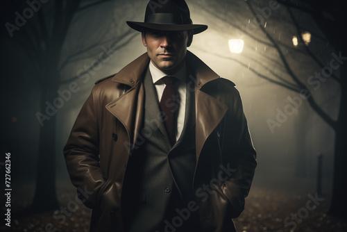 Portrait of detective wearing trench coat and fedora hat. Generative AI photo
