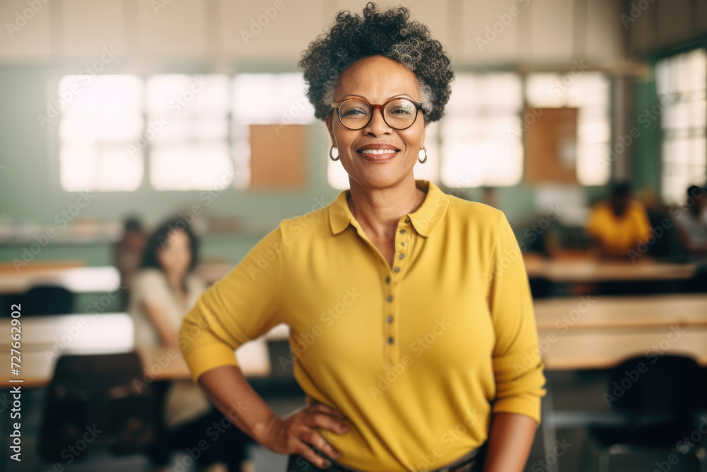 Fototapeta premium A woman confidently stands in a classroom, placing her hands on her hips.