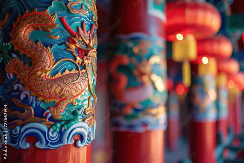 Chinese Huabiao, ceremonial columns with dragon and phoenix motifs, traditional chinese pillar backdrop.
