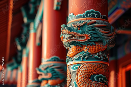 Chinese Huabiao, ceremonial columns with dragon and phoenix motifs, traditional chinese pillar backdrop. photo