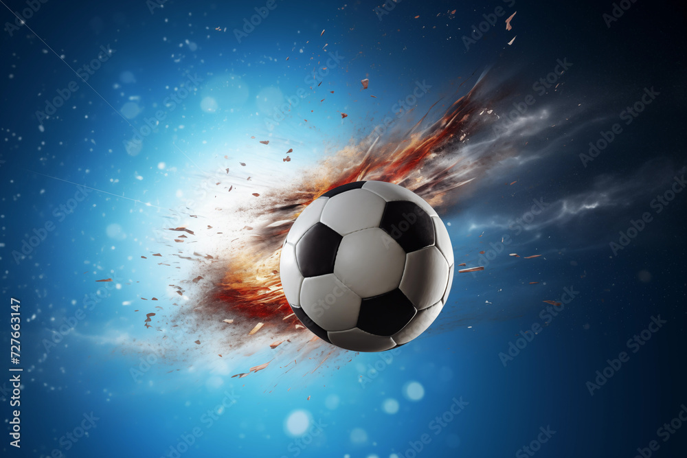 Soccer ball flying over fiery effect in dramatic sky. Generative AI