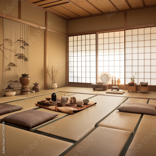 Serene tea ceremony room with tatami mats. Generative AI