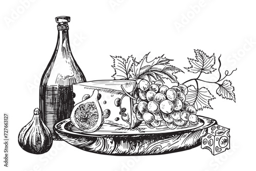 Vector set of sketches of beverage and food on a white background. Wine bottle grapevine, fruit, a piece of cheese and the branches of the vine. Menu, design, flyer. web