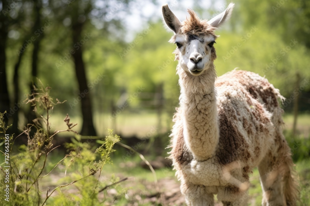 Fototapeta premium A detailed view of a llama standing in a field, surrounded by grass and plants.
