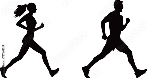 若い男性と女性がジョギングするモノクロのシルエット