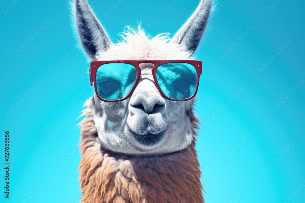 A llama wearing sunglasses poses against a blue sky backdrop.