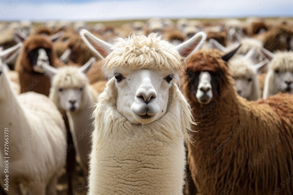 A group of llamas standing in close proximity to each other, showcasing their social and herd behavior.