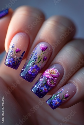hand with manicure, nail art of flowers