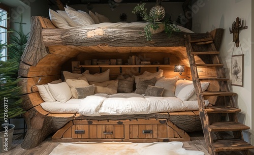 Cozy wooden bunk bed design showcasing natural elements and rustic charm in a warm interior space during daytime