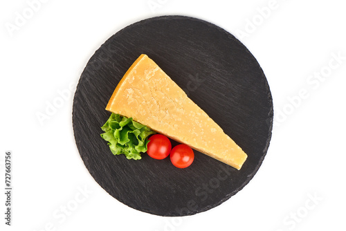 Parmesan cheese triangle, hard cheese, isolated on white background. photo