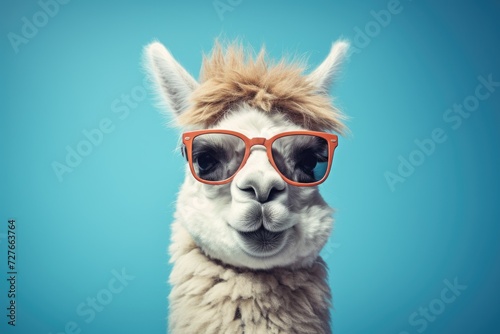 A llama, wearing sunglasses, stands in front of a vibrant blue background. © pham