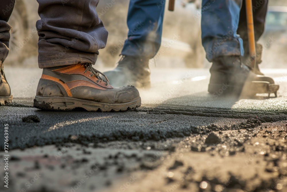 work shoes and tools repairing a city road, steaming asphalt work shoes and tools repairing a city road, steaming asphalt
