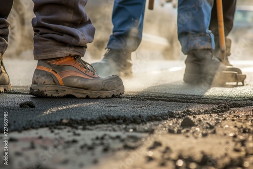 work shoes and tools repairing a city road, steaming asphalt photo