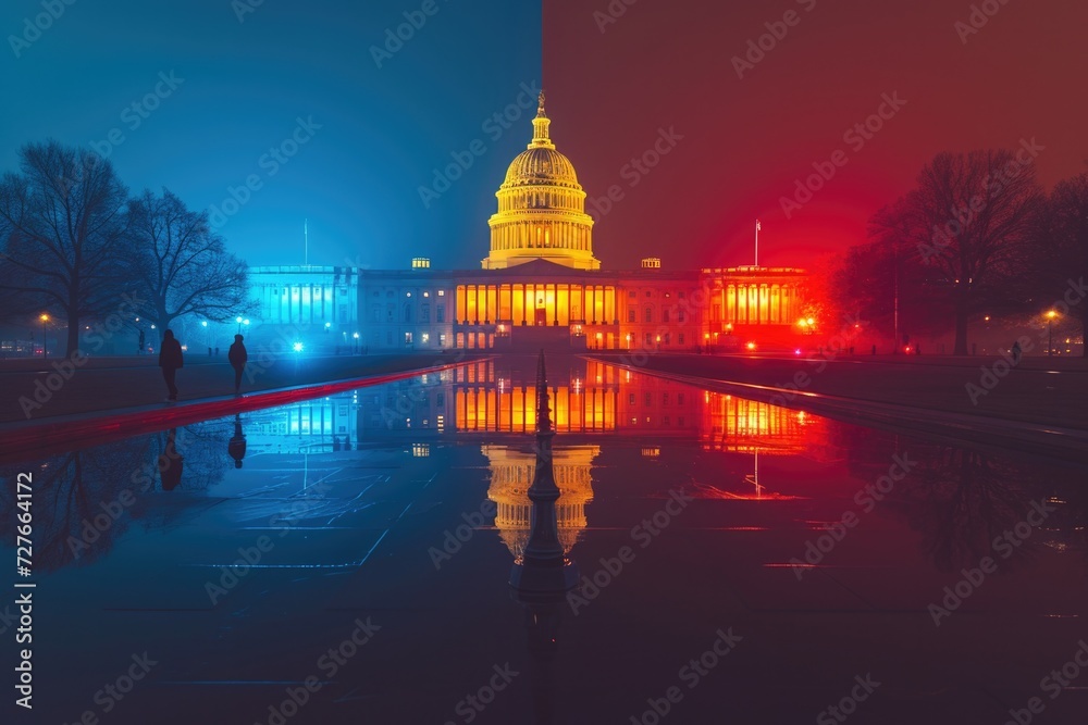 Obraz premium US Capitol building: bathed in dark blue light, symbolizing the Democratic Party, bright red light, representing the Republican Party, symbolizing political division.