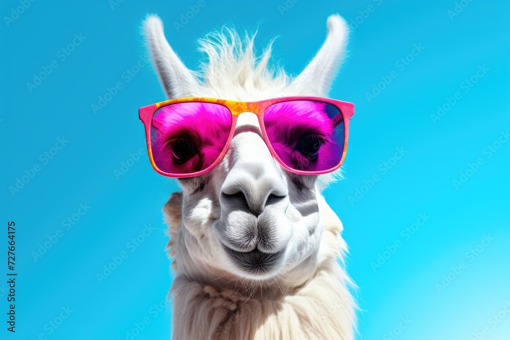 A llama stands against a vibrant blue sky, donning stylish pink sunglasses.