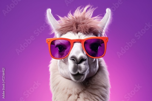 A llama wearing red sunglasses stands against a vibrant purple background. © pham