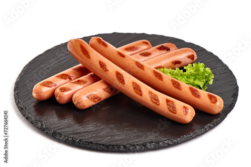 Grilled pork sausages, cooked sausages bbq, isolated on white background.
