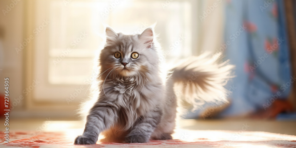 Majestic Fluffy Gray Cat in Sunlit Room with Playful Gaze, Whiskers Illuminated - Serene Domestic Feline Portrait