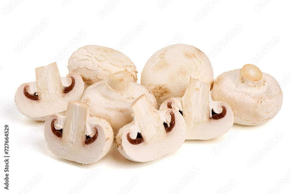 White champignons mushrooms, isolated on white background. White champignons mushrooms, isolated on white background.
