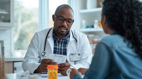 A caring physician conducting a medication reconciliation for a patient with multiple prescriptions photo