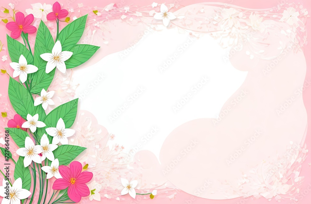 Holiday greeting card, white and red jasmine flowers and green petals on pink background, space for text highlighted in white in center of illustration