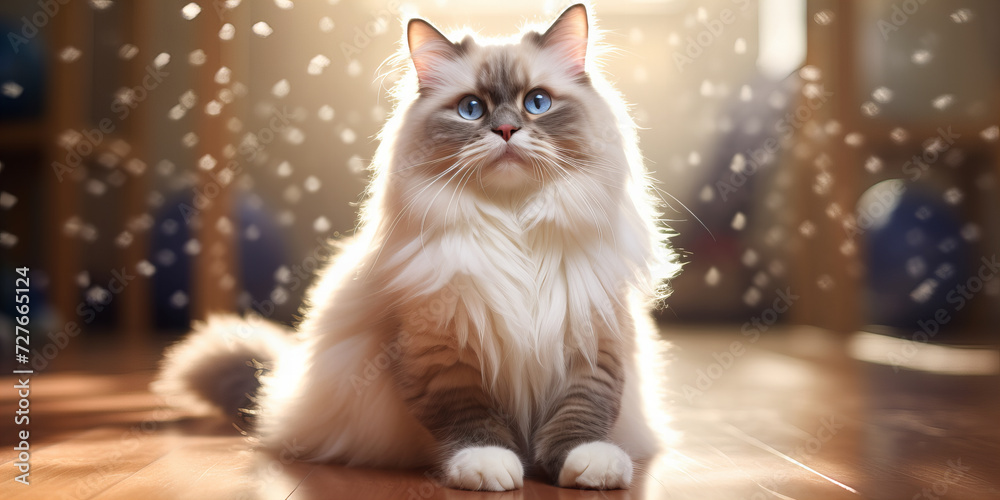 Majestic Fluffy Cat with Piercing Blue Eyes in Sunlit Room with Heart-Shaped Bokeh - Pet Photography