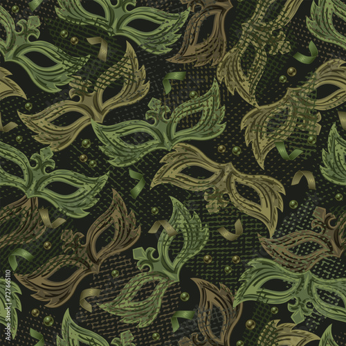 Seamless khaki green camouflage pattern with random scattered carnival masks, overlapping tulle pieces, confetti. Random composition. For apparel, fabric, textile, sport goods Grunge texture