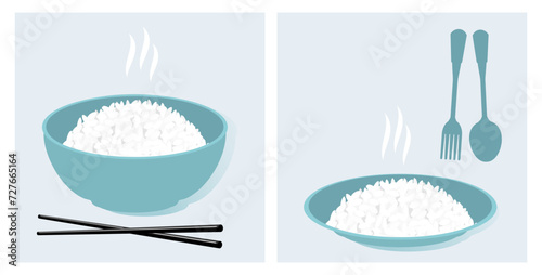 Rice bowl with chopsticks, rice dish, spoon and fork icon set vector illustration.
