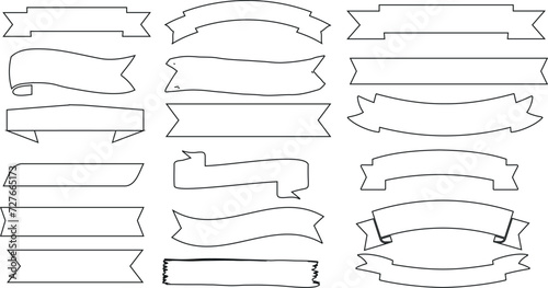 banners, ribbons outline in various shapes Vector illustration, styles. Perfect for product labels, awards, decorations.  Monochromatic, black outlines on white background photo