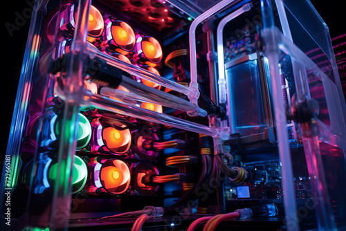 Colorful liquid cooling system with transparent tubing for CPU. Generative AI