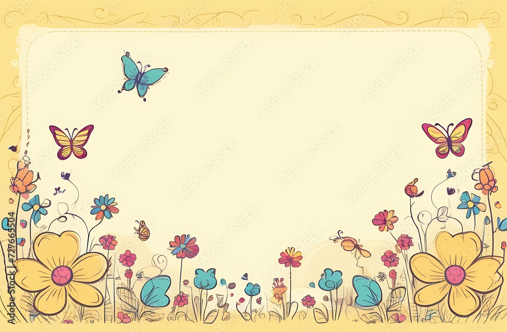 Fototapeta premium greeting card with wildflowers and colorful butterflies light yellow background, horizontal frame with space for text, a bright and beautiful illustration for various events, copy space