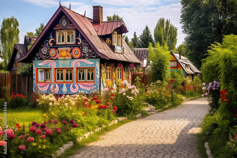 Quaint Ukrainian village with traditional wooden houses. Generative AI