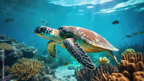 A green turtle gracefully swims over a vibrant coral reef, showcasing the beauty of marine life. © pham