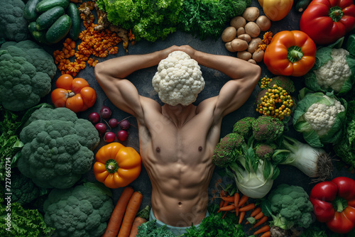 fit young man with cauliflower head being surrounded by vegetables